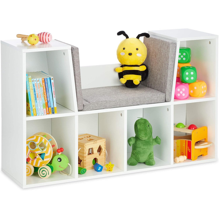 Relaxdays Bücherregal mit Sitzkissen, Kinderregal mit 6 Fächern, 63x103x30 cm, gepolstert, Sitzbank Kinderzimmer, weiß