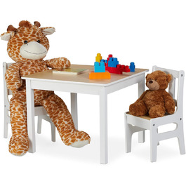 Relaxdays Kindertisch mit 2 Stühlen, 3-teiliges Set, robuste Kindermöbel, MDF, weiß/Natur, 48x60x60 cm