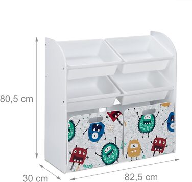 Relaxdays Kinderregal mit 6 Boxen, Monster-Design, 2 Kisten mit Rollen, HBT: 80,5x82,5x30 cm, Regal für Spielzeug, weiß, 10037512_0