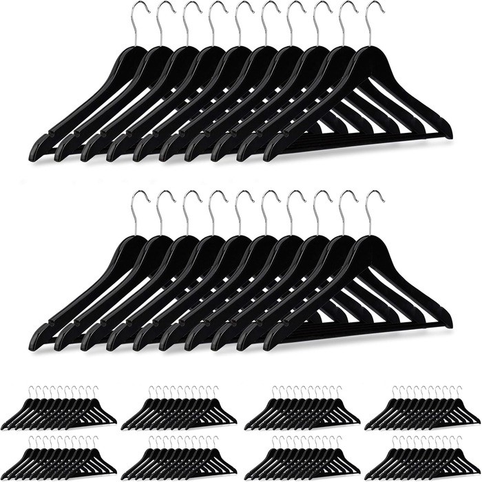 Relaxdays 100 x Kleiderbügel Holz, Garderobenbügel, klassisch, Hemden & Hosen, 360° drehbar, Bügel HxB 23 x 44 cm, schwarz 1 Schwarz 100er Pack