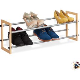 Relaxdays Schuhregal ausziehbar, offener Schuhständer mit 2 Ebenen, Holz & Eisen, erweiterbar bis 118 cm Breite, Natur 2 Etagen