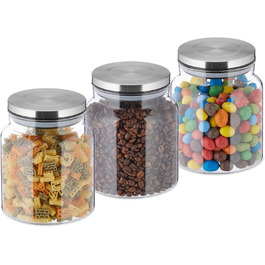 Relaxdays Vorratsgläser, 3er Set, 1100 ml, luftdicht, transparent/silber
