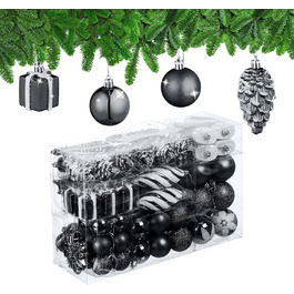 Relaxdays Weihnachtskugeln 72er Set, glitzernd/matt/glänzend, Baumkugeln/Stiefel/Herz/Zapfen, schwarz