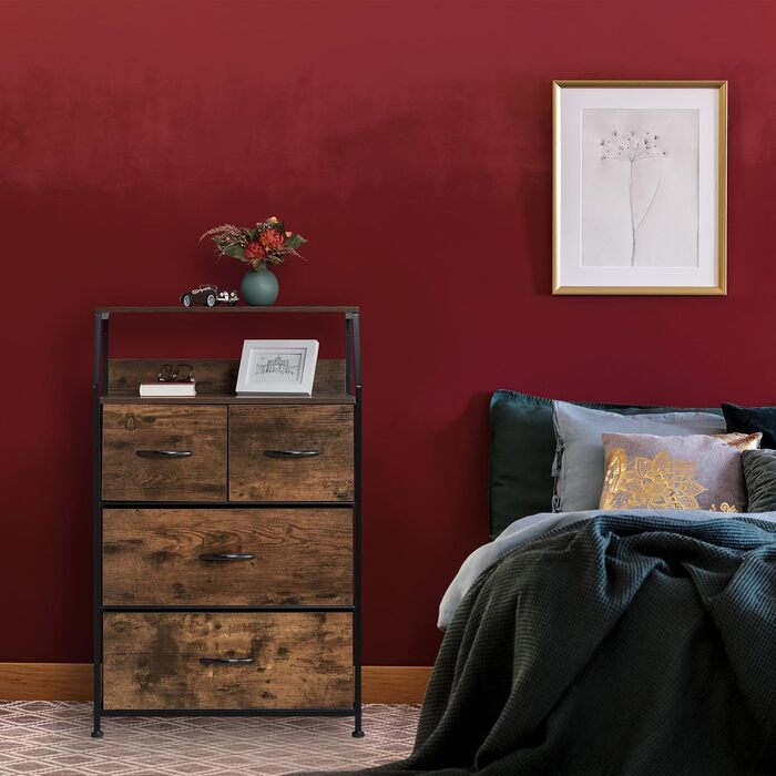 Relaxdays Kommode Industrial, 96,5x60x41,5 cm, Stoff/Metall/Holzoptik, 4 Schubladen, braun/schwarz