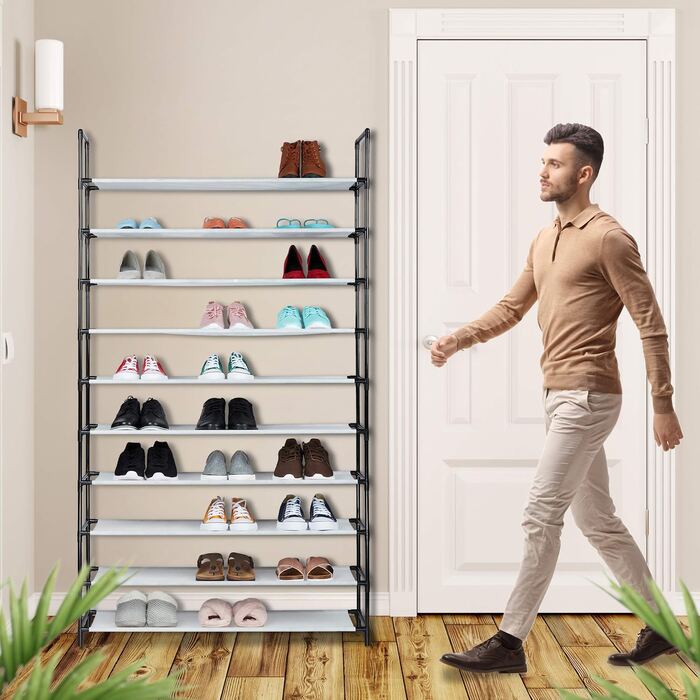 Relaxdays XXL Schuhregal Stecksystem, 10 Ebenen, für 50 Paar Schuhe, Stoff Schuhständer HBT 176,5x99x29,5 cm, (Weiß)