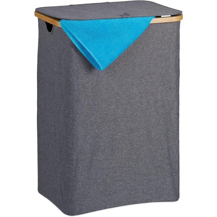 Relaxdays Wäschekorb mit Deckel, 130 l, Wäschesammler Bambus & Polyester, tragbar, atmungsaktiver Wäschesack,  90 10, (66 x 45 x 36.5 cm, Grau/Natur)