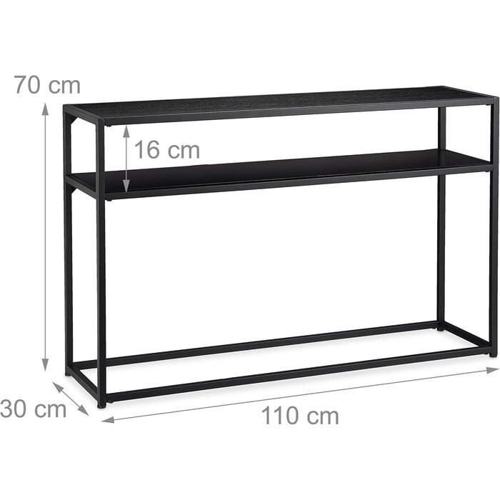 Relaxdays Konsolentisch, 2 Ablagen, Metall & MDF, platzsparend, schmal, 70x110x30 cm, schwarz