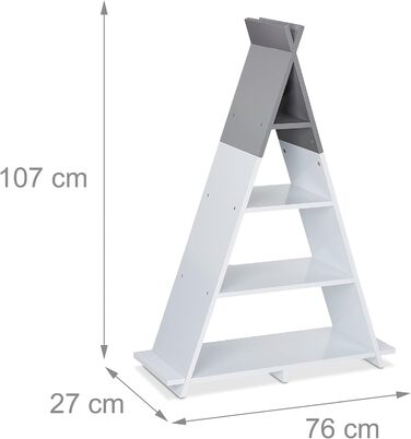 Relaxdays Kinderregal Tipi, 4 Fächer, Bücherregal Kinder, H x B x T: 107 x 76 x 27 cm, Kinderzimmer Regal, weiß/grau