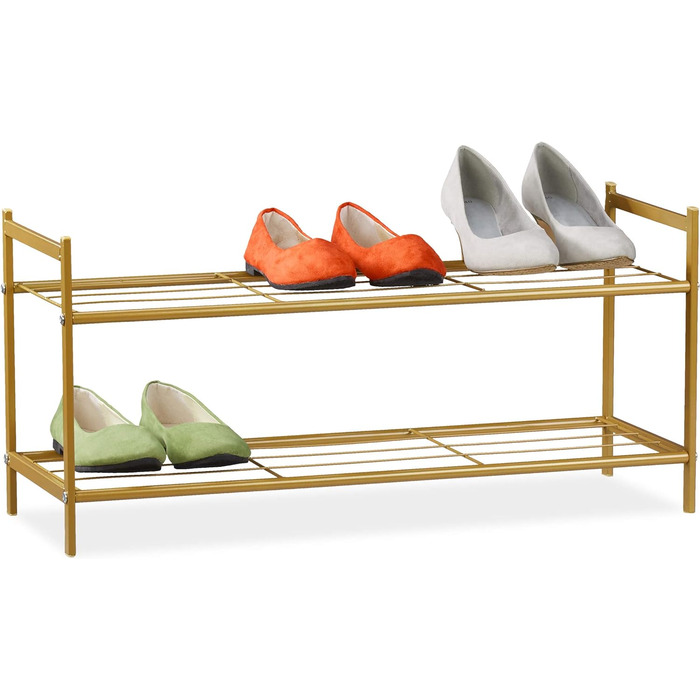 Relaxdays Schuhregal SANDRA, 2 Ebenen, für 6 Paar Schuhe, Metall, Schuhablage, HBT: ca. 33,5 x 69,5 x 26 cm,  Metallregal 2 Ablagen (Gold)