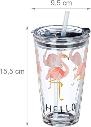 Relaxdays Glasbecher mit Deckel & Strohhalm, 4er Set Flamingo Gläser, 450 ml, spülmaschinenfest, Trinkglas, transparent