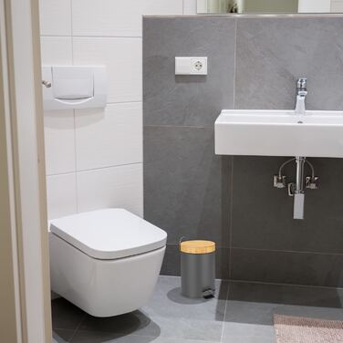 Relaxdays Mülleimer Bad, 3 l, Kosmetikeimer mit Absenkautomatik, Bambusdeckel, entnehmbarer Inneneimer, Treteimer, (Grau)