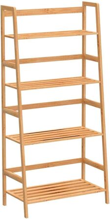 Relaxdays Bücherregal aus Bambus mit 4 Ablagen HxBxT: ca. 120 x 57 x 31 cm Regal für Bücher in Leiterform Standregal mit Durschubsicherung als Bücherschrank und Büroregal Aktenregal aus Holz, natur Single