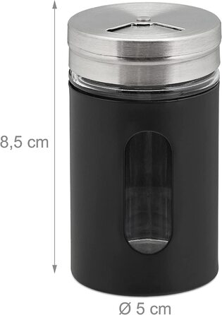 Relaxdays Gewürzstreuer, 12er Set, 3 Streugrade, Gewürze & Kräuter, Gewürzgläser, 90 ml, Glas, Edelstahl, schwarz/Silber