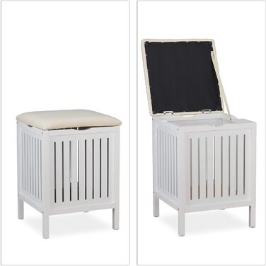 Relaxdays Wäschekorb mit Sitz, Landhausstil, 40 l, Holz & Stoff, Badhocker, 55x41x41 cm, weiß