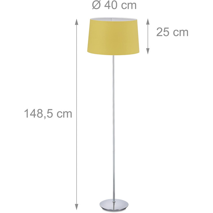 Relaxdays Stehlampe, Stoffschirm, chrom Fuß, E27, Ø 40 cm, 148,5 cm hoch, Gelb