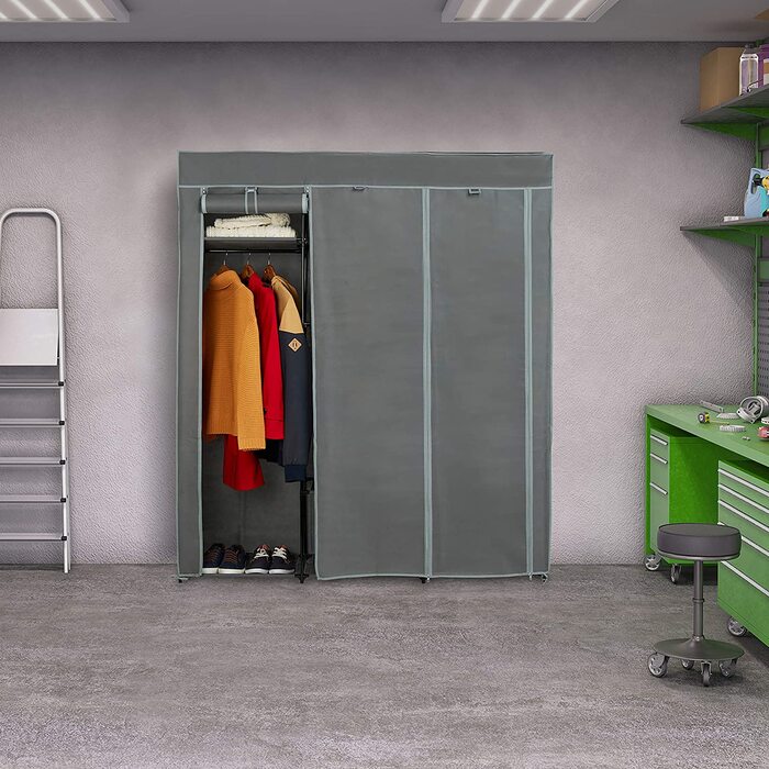 Relaxdays Stoffschrank mit Kleiderstange & 9 Ablagen, HxBxT: 172x147x43cm, Kleiderschrank mit Reißverschluss, anthrazit
