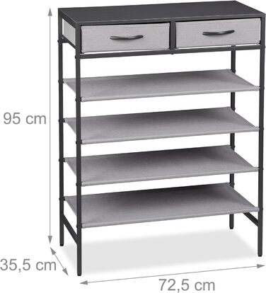 Relaxdays Schuhregal, 2 Schubladen, 4 Ablagen, 12 Paar Schuhe, offen, MDF, Stahl, HBT 95x72,5x35,5 cm, grau Design E