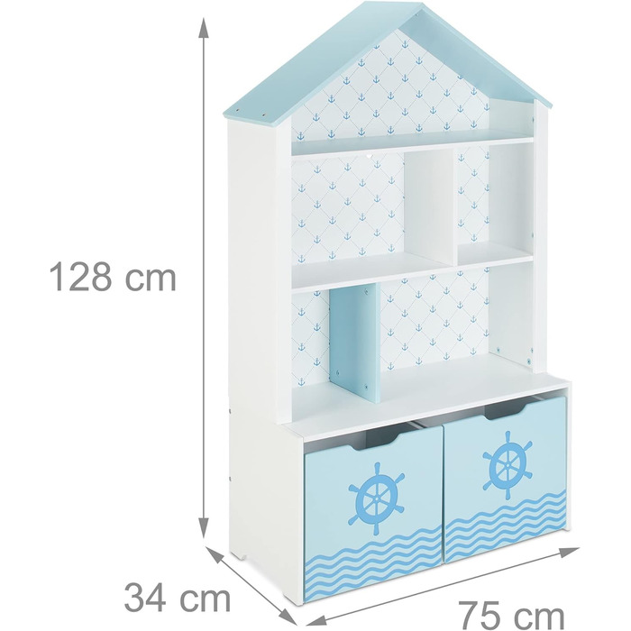 Relaxdays Kinderregal, Seefahrt, 5 Fächer, 2 Rollboxen, HBT: 128x75x34 cm, Hausform, Spielzeug Aufbewahrung, weiß/blau