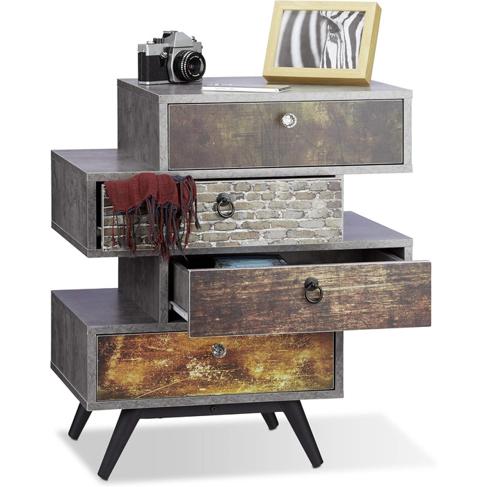 Relaxdays Vintage Kommode, 4 Schubladen, Lowboard in Betonoptik, Motiv, HBT: 68x60x40 cm, grau