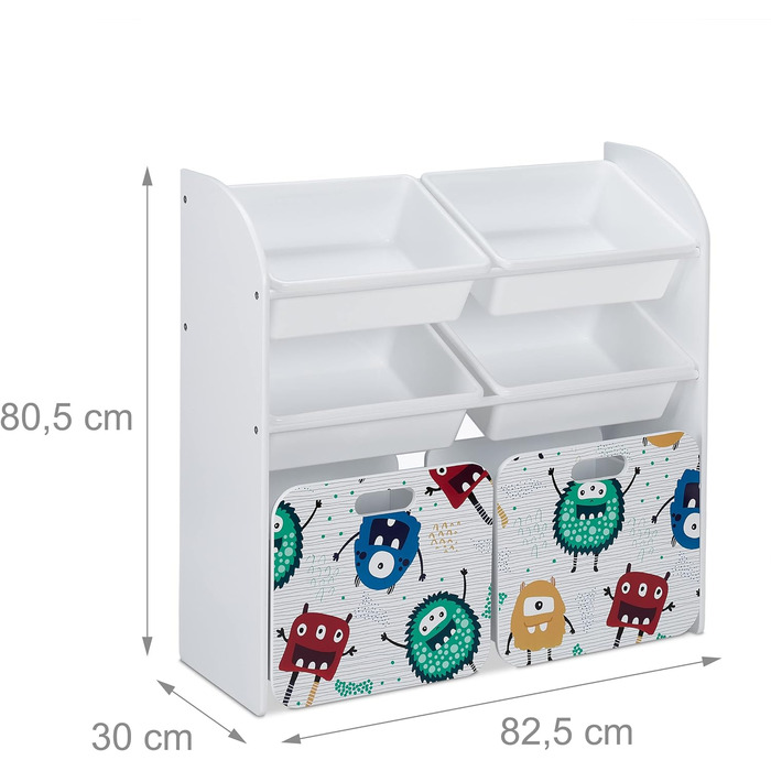Relaxdays Kinderregal mit 6 Boxen, Monster-Design, 2 Kisten mit Rollen, HBT: 80,5x82,5x30 cm, Regal für Spielzeug, weiß, 10037512_0