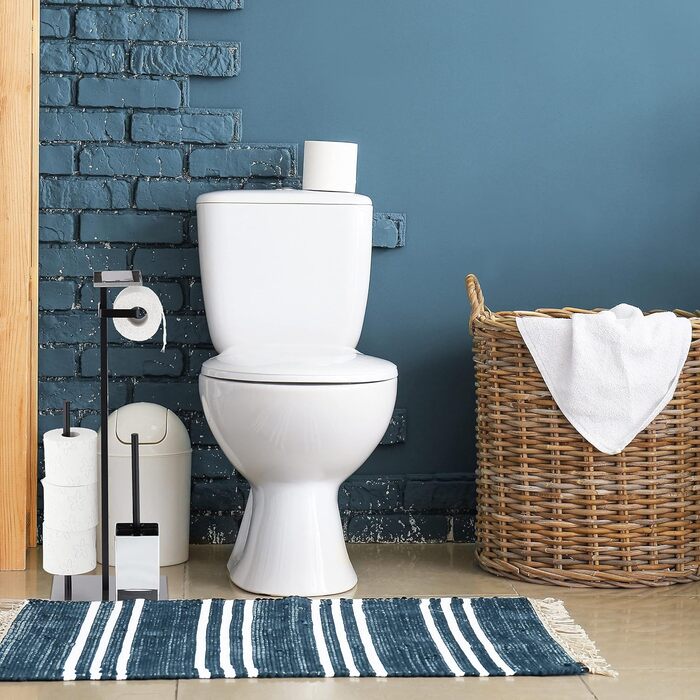 Relaxdays WC Garnitur, Toilettenpapierhalter, Toilettenbürste u. Bürstenhalter, Ablage, HBT: 69x26x18 cm, Silber/schwarz