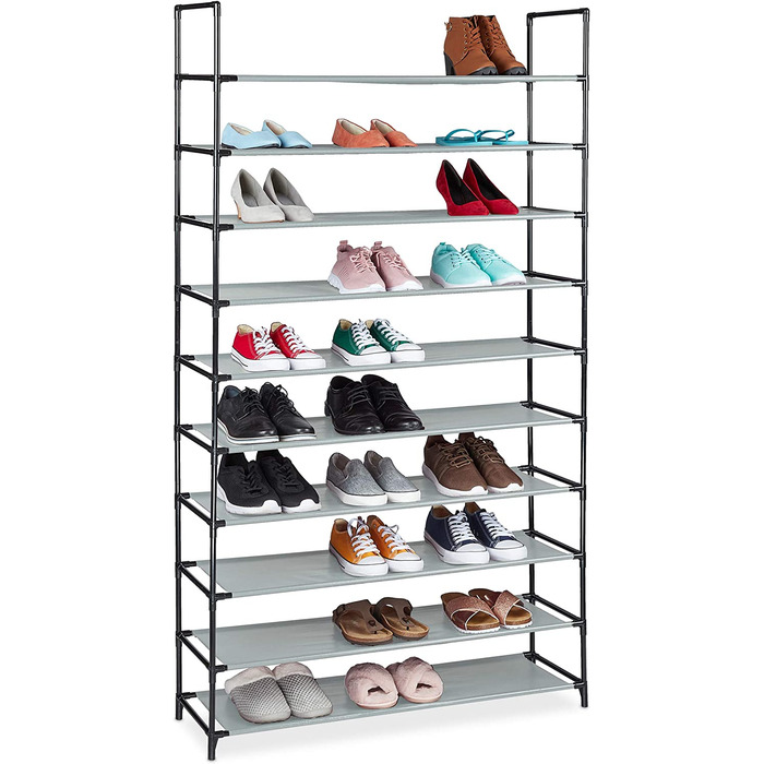 Relaxdays XXL Schuhregal Stecksystem, 10 Ebenen, für 50 Paar Schuhe, Stoff Schuhständer HBT 176,5x99x29,5 cm, (Grau)