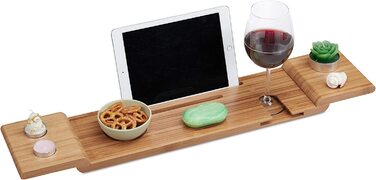 Relaxdays Badewannenablage Bambus, 70cm breit, Badetablett für Glas, Handy, Tablet, Badewannenbrett zum Einhängen, natur