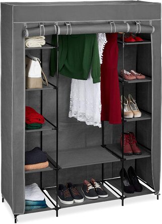 Relaxdays Stoffschrank mit Kleiderstange & 12 Ablagen, HBT: 175x135x45cm, Kleiderschrank mit Reißverschluss, anthrazit