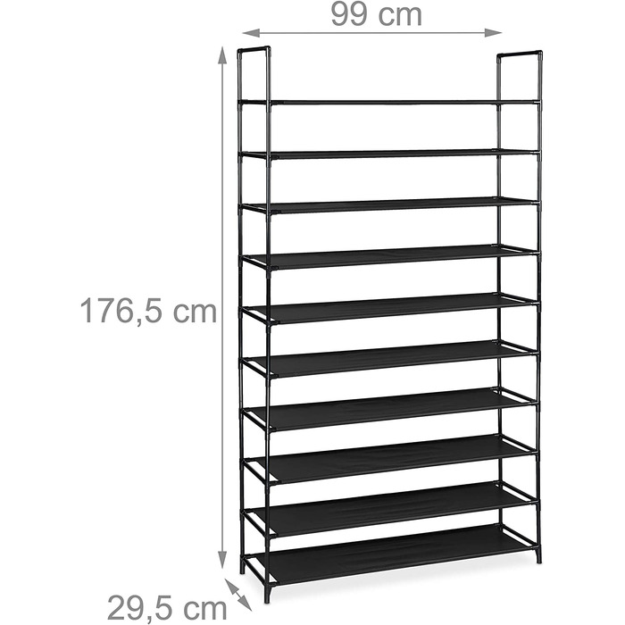 Relaxdays XXL Schuhregal Stecksystem, 10 Ebenen, für 50 Paar Schuhe, Stoff Schuhständer HBT 176,5x99x29,5 cm, (Schwarz)