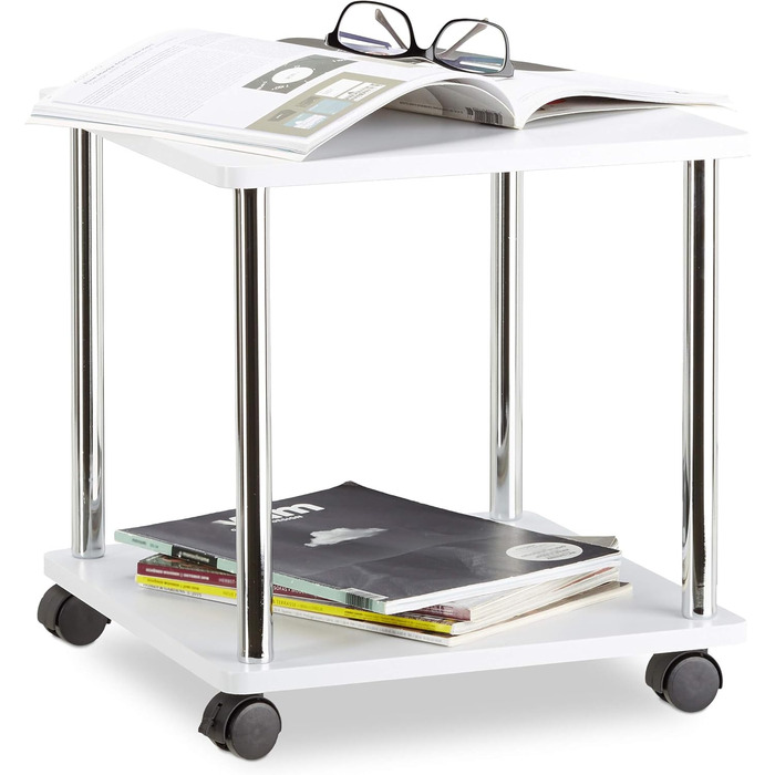 Relaxdays rollbarer Beistelltisch, Allzweckwagen, Holz, 4 Rollen, 2 Ebenen, 41,5x40x40cm, weiß