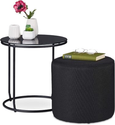 Relaxdays Beistelltisch mit Hocker, runder Couchtisch mit Sitzhocker, platzsparend, Glas & Metall, 40 x 40 cm, schwarz, 1 Stück