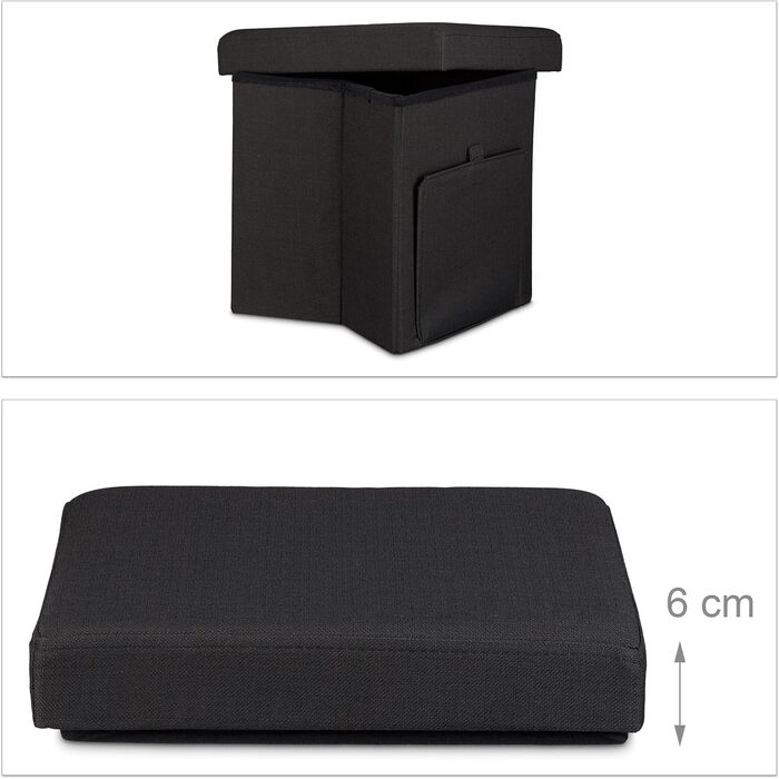 Relaxdays Faltbarer Sitzhocker, Leinen, Aufbewahrungsbox, abnehmbarer Deckel, 38x38x38 cm, Schwarz