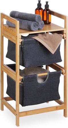 Relaxdays Wäschekorb Regal, Bambus, ausziehbar, 73x36,5x33 cm, 2 Fächer & 1 Ablage, Natur/grau