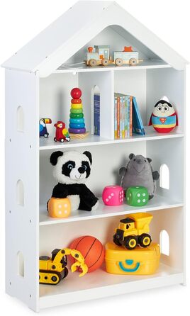 Relaxdays Kinderregal, Hausform, 5 Fächer, hoch, für Bücher & Spielzeug, HxBxT: 122x71x31 cm, Kinderzimmerregal, weiß