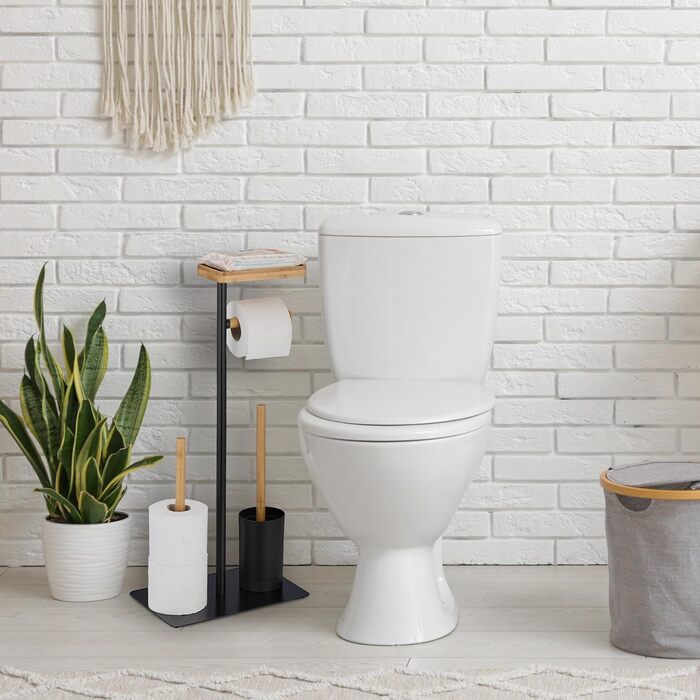 Relaxdays WC Garnitur, Bambus, Eisen, freistehender Klopapierhalter, Toilettenbürste mit Halter, schwarz/Natur