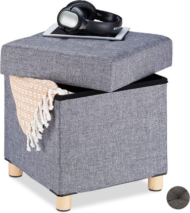 Relaxdays Sitzhocker mit Stauraum, gepolstert, gesteppt, Stoffbezug, 40x38x38 cm, Dunkelgrau