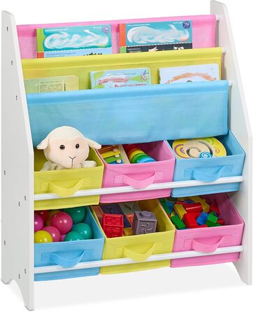 Relaxdays Kinderregal mit 6 Boxen, 2 Taschen, Spielzeugregal, HBT: 74x62,5x31 cm, bunt