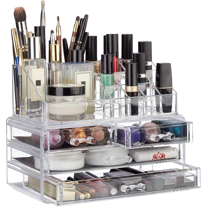 Relaxdays Make Up Organizer Acryl, 2-teilige Schminkaufbewahrung mit Lippenstifthalter und 4 Schubladen, transparent, 19 x 24 x 13.5 cm