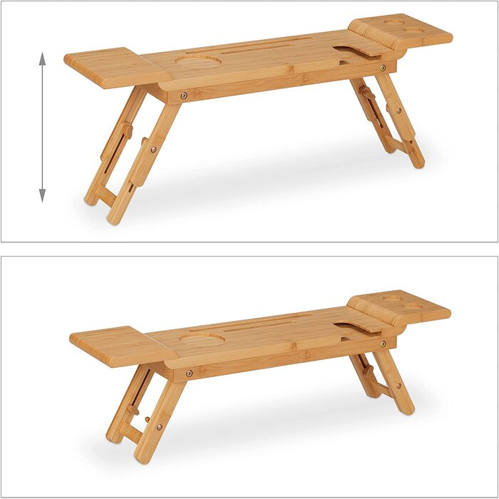 Relaxdays Badewannenablage Bambus, 70cm breit, Badetablett für Glas, Handy, Tablet, Badewannenbrett zum Einhängen, Natur