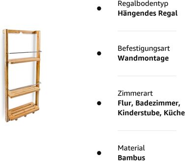 Relaxdays Duschregal mit 3 Ablagen H x B x T: ca. 70 x 28,5 x 10 cm Regal zum Einhängen mit 3 Haken für Handtücher oder Lappen als praktisches Hängeregal für Küche und Bad Duschablage aus Holz, natur Single