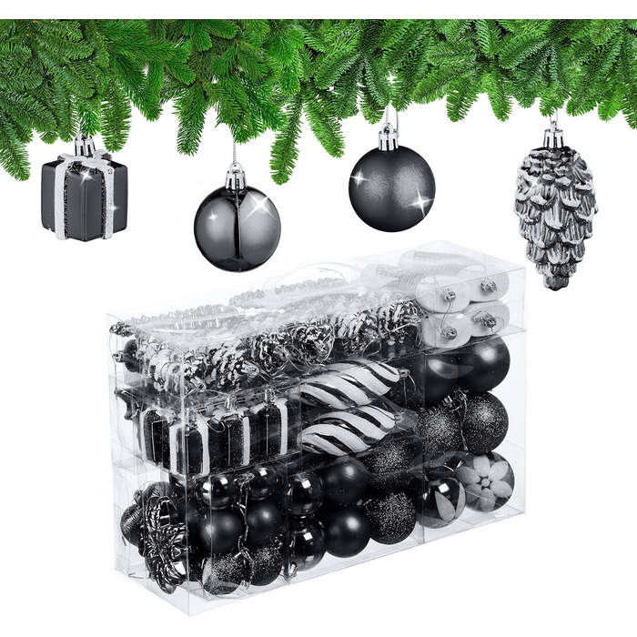 Relaxdays Weihnachtskugeln 72er Set, glitzernd/matt/glänzend, Baumkugeln/Stiefel/Herz/Zapfen, schwarz