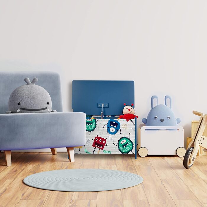 Relaxdays Spielzeugtruhe, Monster-Design, Spielzeugkiste mit Deckel, HBT: 50x60x36,5 cm, MDF, Spielzeugbox, blau/weiß