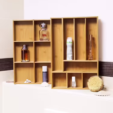Relaxdays Bambus Schubladeneinsatz 2er Set 6,5x30,5x46cm Küchenorganizer mit Trennwänden, Besteckkasten, natur