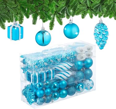 Relaxdays Weihnachtskugeln 72er Set, glitzernd/matt/glänzend, Stiefel/Herz/Zapfen, Kunststoff (Petrol)