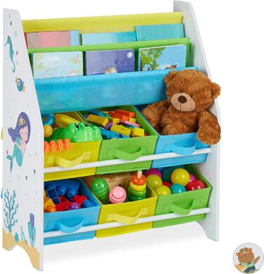Relaxdays Kinderregal, Tiere Motiv, 6 Boxen, 2 Fächer, Kinderzimmer, Spielzeug Aufbewahrung HBT 74 x 62 x 31,5 cm, bunt, Holzwerkstoff,  1 Stück (Meerjungfrau)