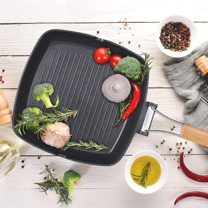Relaxdays Grillpfanne, induktionsgeeignet, antihaftbeschichtet, klappbarer Griff, Aluminium Steakpfanne 29x29cm, schwarz