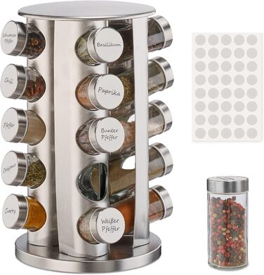 Relaxdays Gewürzkarussell, 20 Gläser, 40 Etiketten, 360° drehbar, Edelstahlgewürzstreuer, silber, max. 60 Zeichen